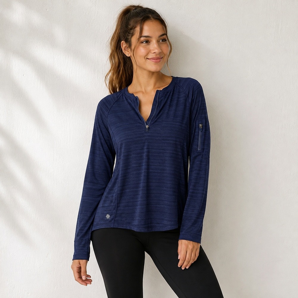 Athleta Womens Navy Blue Space Dye Quarter Zip Long Sleeve Top Arm Pocket M P